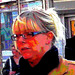 La Dame blonde Rikstelefon avec lunettes et bottes sexy / Rikstelefon Blond mature Lady with glasses in jeans and flat sexy Boots - Ängelholm  / Suède - Sweden.  23-10-2008- Peinture à l'huile postérisée