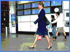 Hôtesse de l'air bien chaussée. /  Tall & slim beautiful flight attendant in high heels - Aéroport de Montréal- 18 octobre 2008 -  Postérisation