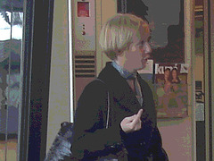Grande blonde suédoise en bas de coiffeur et talons hauts / Tall blond in barber shop socks and high heels - Ängelholm / Suède - Sweden.  23-10-2008 - Postérisation