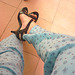 Mon amie bien-aimée Christiane / My beloved friend Christiane - Essayage de talons hauts en pyjama / High heels fitting in pyjama - Nouvelle sandales à talons hauts / New high-heeled sandals -  Version éclaircie