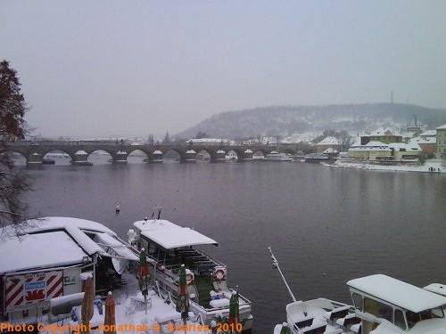 Vltava and Karluv Most from Manesuv Most in the Snow, Prague, CZ, 2010