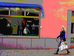 Swedish blond booted shopper with sexy boots /  Blonde suédoise en bottes sexy faisant ses courses - Ängelholm / Suède - Sweden.  23-10-2008- Postérisation