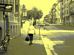 Triss blond Lady with a short skirt in high heels /  Blonde Triss en jupe courte et talons hauts - Ängelholm / Sweden - Suède. 23-10-2008 - Vintage postérisé