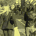 Cycliste en bottes à talons hauts / Walking Swedish biker in jeans & high-heeled boots at her cell phone - Ängelholm  / Suède - Sweden.  23-10-2008 - Vintage postérisé