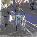 Cycliste en bottes à talons hauts / Walking Swedish biker in jeans & high-heeled boots at her cell phone - Ängelholm  / Suède - Sweden.  23-10-2008 - Postérisation