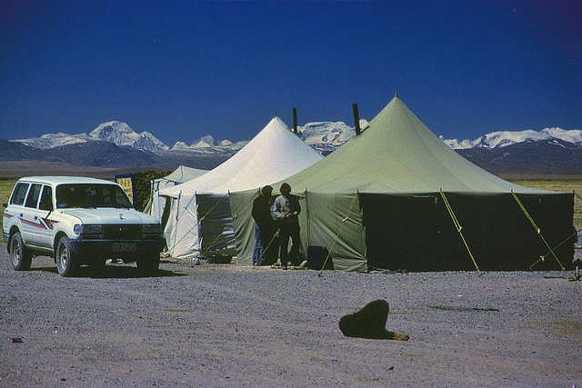 Restaurant tent and the Himalaya mountain range