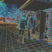 Rouquine à chapeau avec bottes à talons marteaux et boucles / Readhead hatter Lady in hammer heeled Boots with buckles - Ängelholm  / Suède - Sweden.  23-10-2008- Contours de couleurs en négatif