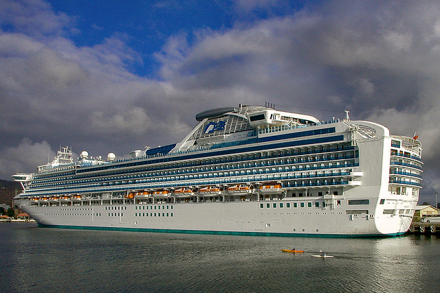 Diamond Princess on dock in Hobart's harbor