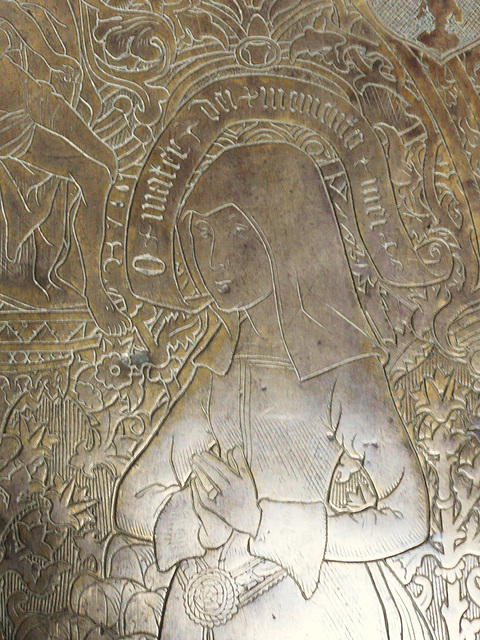 all hallows barking, london,  'oh mother of god remember me' scrolls out of the mouth of andrew evyngar's wife on this c16 flemish brass of 1530