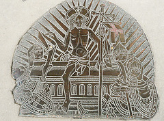all hallows barking, london, brass of c1500 showing christ's resurrection and the sleeping soldiers round his tomb. this brass came from the back wall of a canopied purbeck marble tomb used as an easter sepulchre.