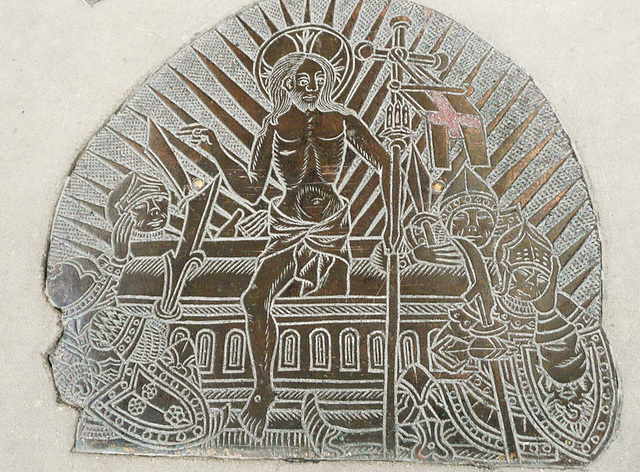 all hallows barking, london, brass of c1500 showing christ's resurrection and the sleeping soldiers round his tomb. this brass came from the back wall of a canopied purbeck marble tomb used as an east
