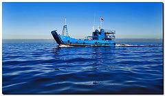 Blue ferry on blue sea with blue sky