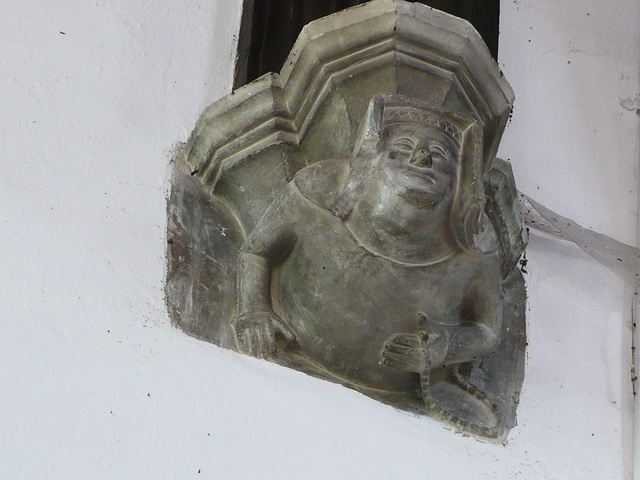 finchingfield church, essex, c15 roof corbel of a woman with her beads