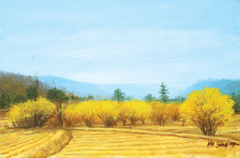Early Spring산수유마을山茱萸風景 acrylic on canvas-27.3x41cm(6p)
