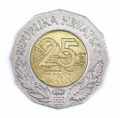 Kroata monero de 25 kunaoj, 1997 / Pièce de monnaie croate de 25 kunas, 1997.