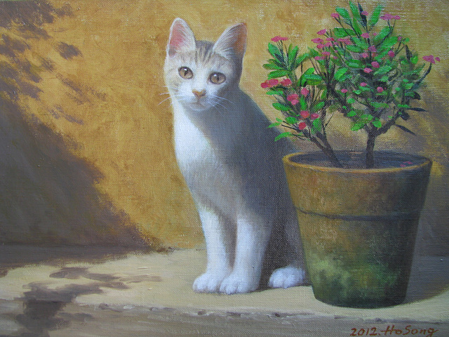 a Cat by a Flower-Pot(Kato apud Euxforbio=화분 옆에 앉은 고양이=猫)_oil on canvas_31.8x40.9cm(6f)_2012_HO Song