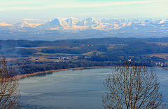 Les Alpes bernoises et le lac de Morat...