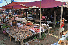 Market stall offering drilling potatoes