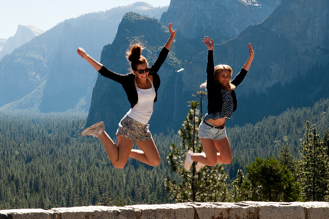 Girls jumping in Yosemite