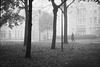 Man walking alone in the fog