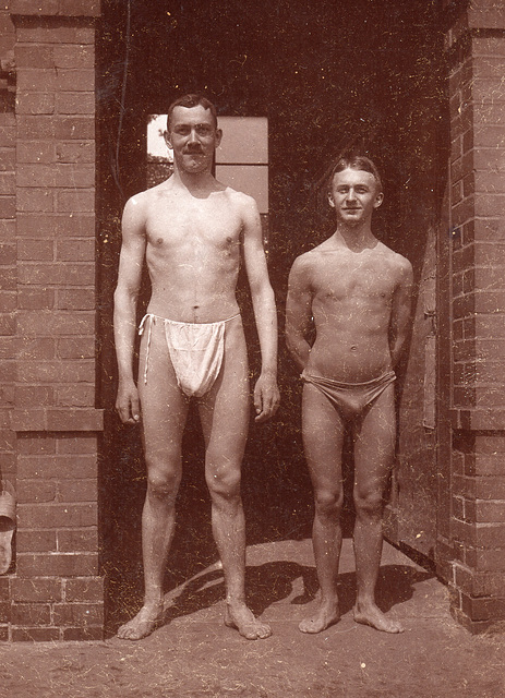 1 swimmer in a loincloth or tanga and one without, 1910'