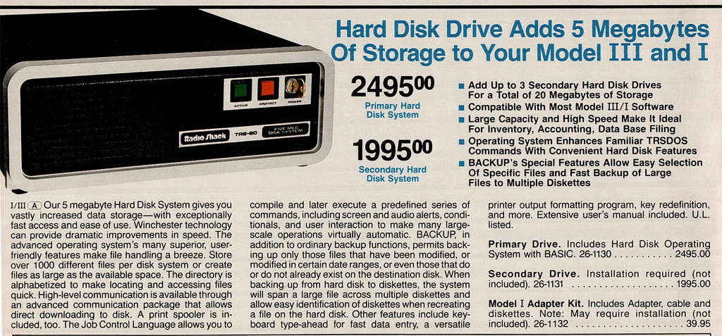 1983 Radio Shack Catalog - Hard Disk Drive 5MB $2495