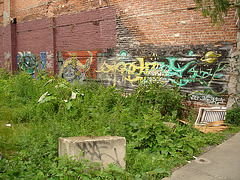 Mur de vieilles briques graffitiées / Graffitied old bricks wall
