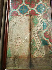 rochester cathedral c13 painted screen, original section of panelling from back of pulpitum, with two layers of decoration, one of 1227, the other of the arms of edward  3 in 1340