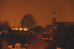 Leiden night view with the Citadel (De Burcht) on the left and the tower of City Hall on the right