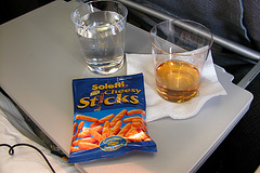 Meals on the plane: Whisky, water and Cheesy Sticks!