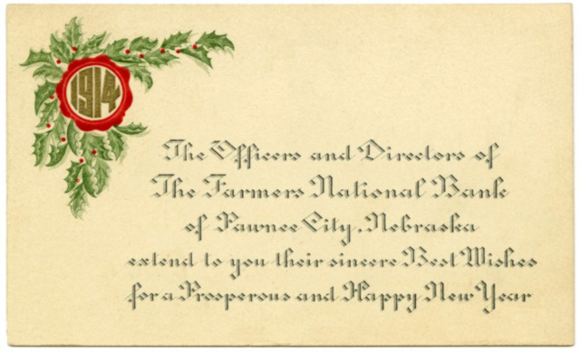 Happy New Year, Farmers National Bank, Pawnee City, Neb., 1914