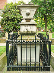 st.botolph bishopsgate, london,tomb of william rawlins in graveyard , 1838. note heraldic and funerary details on railings