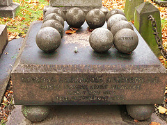 brompton cemetery, earls court,  london,general alexander anderson's grave of 1877 has bronze cannonballs on a plinth resting on 4 more