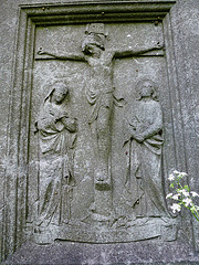 brompton cemetery, london,crucifixion scene from an  early c20  memorial to a member of the confraternity of men and women of st.andrews, wells st.