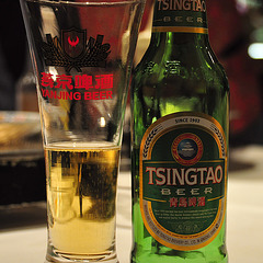 Tsingtao beer in a Yanjing beer glass