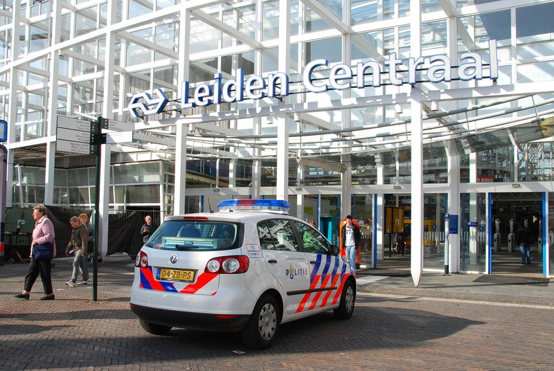 Police car in front of the Leiden Central railway station
