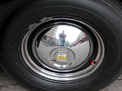 Oldtimer day in Emmen: me reflected in a hubcap