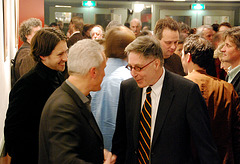 A Karel van het Reve evening: Dutch writer Maarten Biesheuvel (right) talking with Leiden antiquarian Piet van Winden