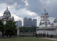 The Greenwich Naval Hospital buildings and London City Towers beyond