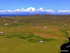 Aerial: Finals to land at Rwy 02 Island of Coll's new tarmac runway!