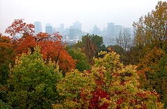 View of Montreal from Sainte-Hélène Island on a rainy day
