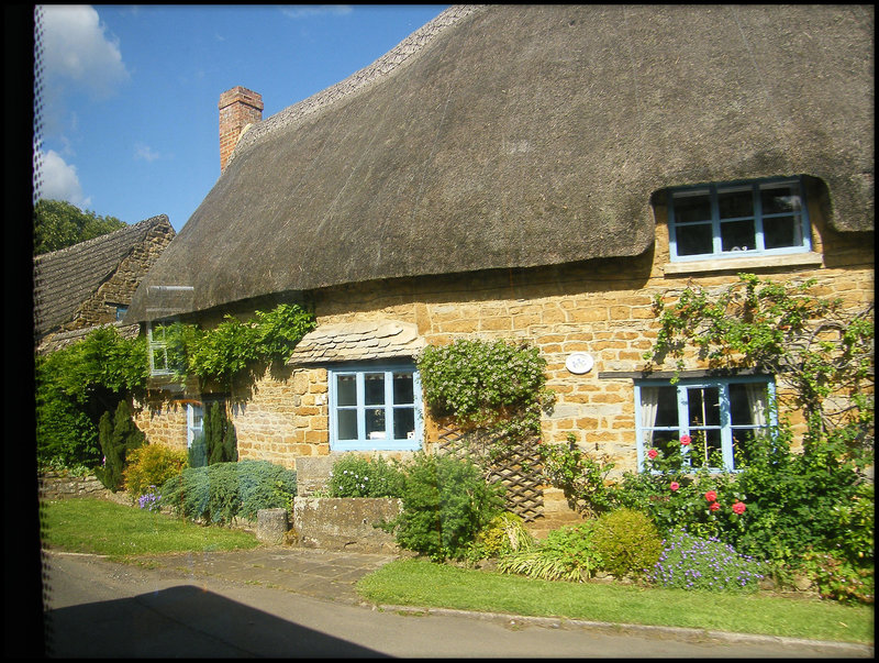 thatched cottage with roses