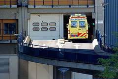 Ambulances enter the hospital on the first floor