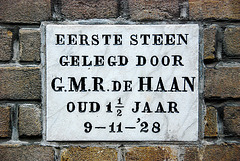 First stone laid on November 9, 1928 by G.M.R. de Haan, aged 1½