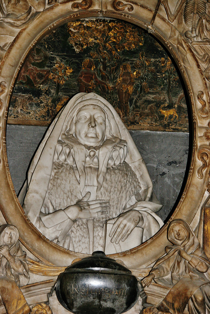 ightham church, kent,detail of the tomb of dorothy selby, 1641, by edward marshall. behind the effigy are representations of her needlework, with a stump work adam and eve above slate incised with her