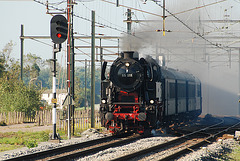 Celebration of the centenary of Haarlem Railway Station: Engine 65 018 of the SSN passing at Lisse