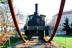 Old steam train outside the Museum of Technology