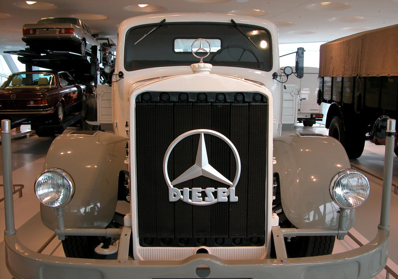 In the Mercedes Museum: Truck with 12 liter diesel engine