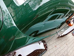 Oldtimer day in Emmen (Drenthe, the Netherlands): Mercedes reflected in a Citroën
