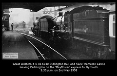 Former GWR 4-6-0s 6940 Didlington Hall & 5020 Trematon Castle leaving Paddington - 2.5.1958